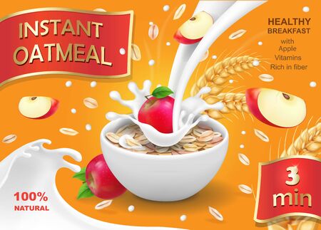 Oatmeal instant with apple and milk ads 3d illustration.の写真素材