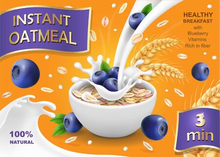 Instant oatmeal with milk, blueberry advertising, 3d illustrationの写真素材