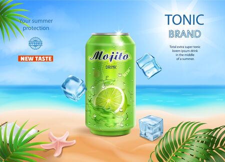 Mojito drink aluminium can ads with refreshing fruit and ice cubes on summer beach and blue ocean background 3d illustrationのイラスト素材