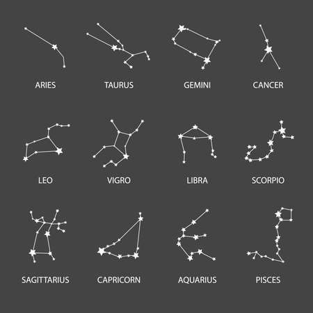 Zodiac Constellations Set. White stars of Zodiacal circle. Horoscope Vector illustration Aries, Taurus, Leo, Gemini, Virgo, Scorpio, Libra, Aquarius, Sagittarius, Pisces, Capricorn, Cancerのイラスト素材