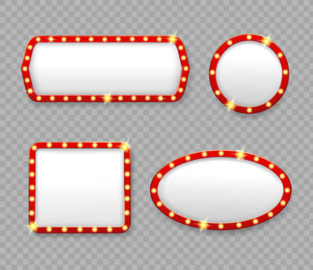 Retro marquee frames with light bulbs. Vinema and casino empty casino cinema banners with lights. Round and rectangular vintage billboard icons set.のイラスト素材