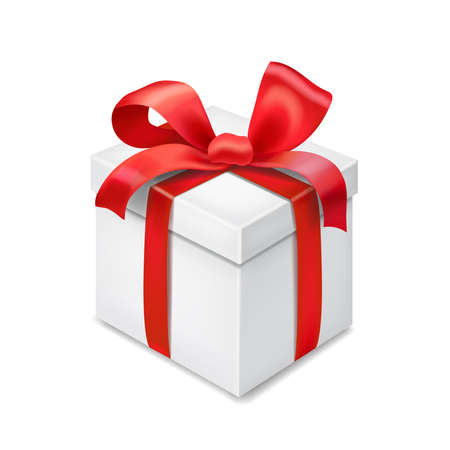 Gift box with red ribbon bow isolated 3d illustrationの写真素材