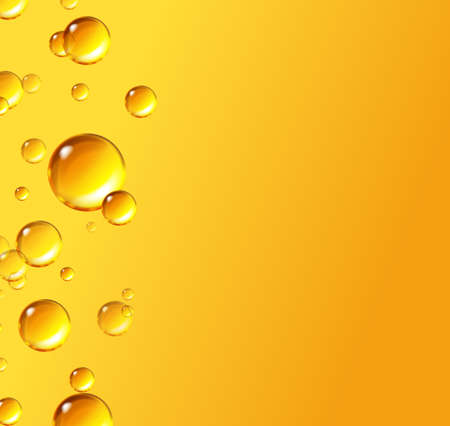 Oil gold bubbles isolated on yellow background. Cosmetic pill capsule of vitamin E, A. Vector realistic serum droplets of collagen essenceのイラスト素材