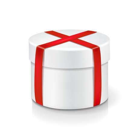 White round box isolated with red ribbon 3d illustrationの写真素材