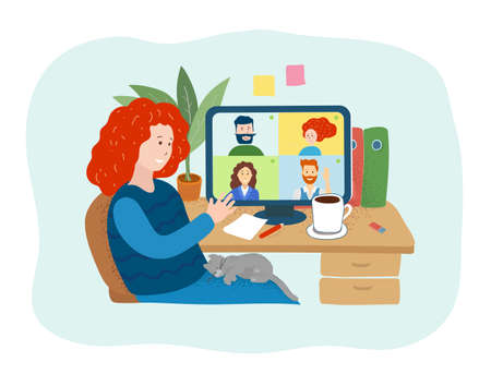 Young woman having videoconference. Video conference from home for online meetings and work with colleagues. Monitor with people during corporate video call. Vector flat illustrationのイラスト素材