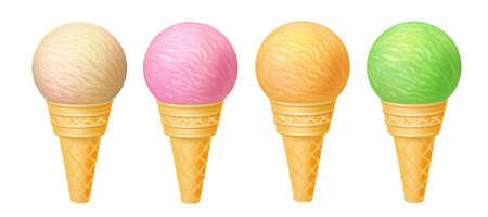 Set of ice cream in waffle cones realistic 3d illustration.の写真素材
