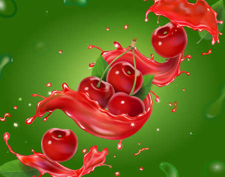 Cherry splashing juice. Fresh berry fruit in red splash, beverage advertising 3d vector iconのイラスト素材