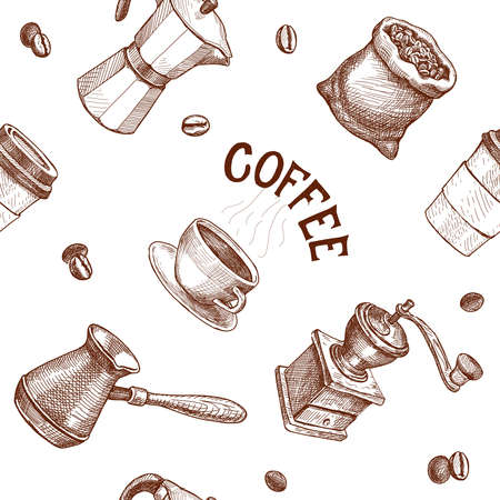 Seamless hand drawn pattern with coffee. Vector engraving illustration. Coffee mill, kettle, roasted beans Cap of espresso or capuchino, pot, mugのイラスト素材