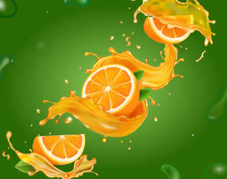 Orange juice splash and drops on green background. Fresh fruit juicy spiral 3d realistic vectorのイラスト素材