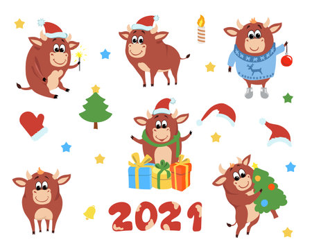 Happy Chinese new year cows and bulls. Ox zodiac cartoon character set Funny ox with new year gifts and Santa hat Vectorのイラスト素材