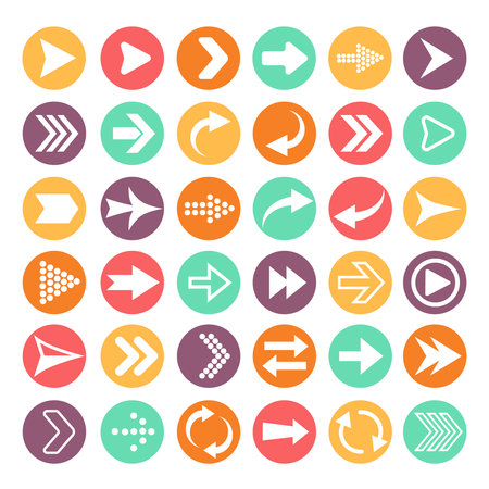 Arrow icon set. Simple circle shape arrow right and forward buttons. Solid modern style rewind download update symbols. Vector illustrationのイラスト素材