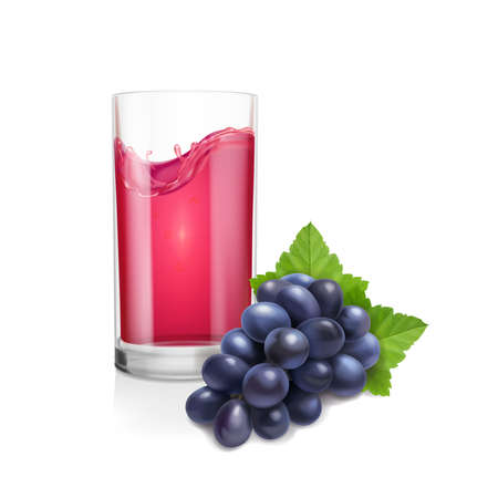 Black bunch of grapes illustration and glass of red wine or grape juice. Realistic vector on white backgroundのイラスト素材