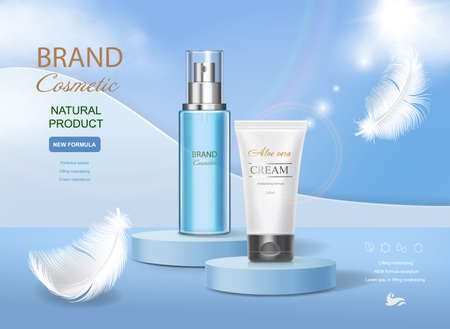 Cosmetic tube with moisturizing cream on vector underwater blue shining background. Premium templates for ads, realistic translucent bottle and white tube and featherのイラスト素材