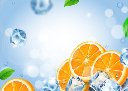 Fresh oranges fruits with ice cubes. Realistic falling orange slicesの写真素材