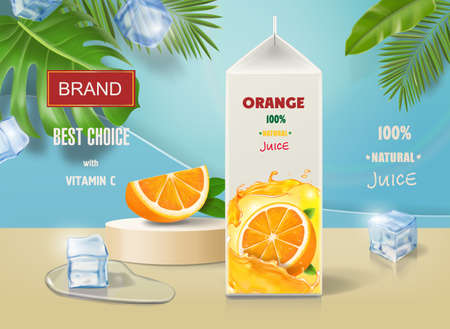 Orange juice poster with ice cubes and orange fruit slice on podiumのイラスト素材