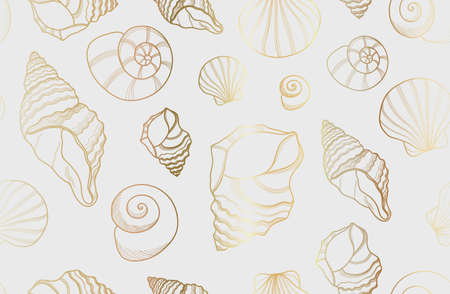 Seamless golden line sea shells background, Luxury gold underwater ocean rapana mollusc vector abstract art on white.のイラスト素材
