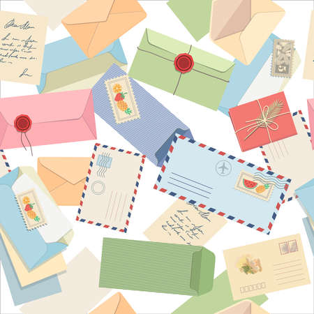 Seamless pattern envelopes, letters, postcards, postage stamps stamps and hand made cards with wax seal. Vectorのイラスト素材