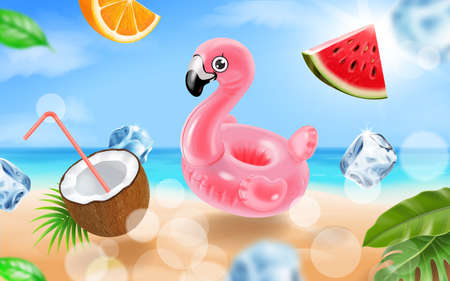 Hello Summer tropical background Ocean, Flamingo inflatable toy, watermelon, palm trees Paradise Island realistic illustratuion vectorのイラスト素材