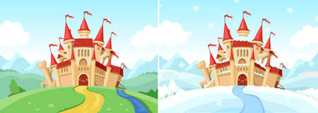 Fantasy landscape with castle. Fairytale tower winter and summer view. Old medieval royal house. Cartoon fantastic backgoundのイラスト素材