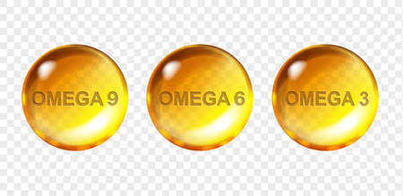 Omega 3 Omega 6 Omega 9 Polyunsaturated acids pill. Fish oil capsules of vitamin Vector realistic 3d illustrationのイラスト素材