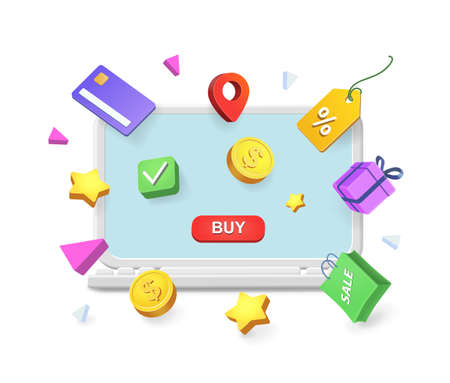 3d design concept icons online shopping. E-commerce . Open laptop with screen buy. Internet store. Mobile marketing and Internet paymentのイラスト素材