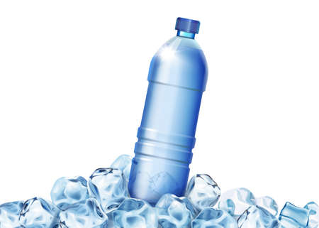 Mineral water bottle in ice cubes isolated on white backround. Poster with cold pure drinking aqua for beverage advertising realistic vectorのイラスト素材