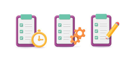 Clipboard with gear, Check list with clock icon, Clipboard task and pencil. Project management, time planning vector 3dのイラスト素材