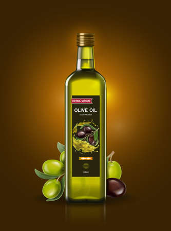 olive oil advertising banner. Olive branch and realistic oil bottle on shiny brown backgroundのイラスト素材