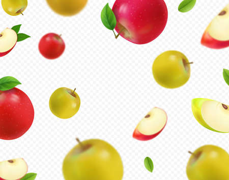 Falling green apples and red isolated on white background. Realistic fallong appls, 3D vectorのイラスト素材