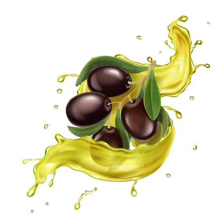 Olive oil golden splash, black olives branch, oil drops realisticのイラスト素材