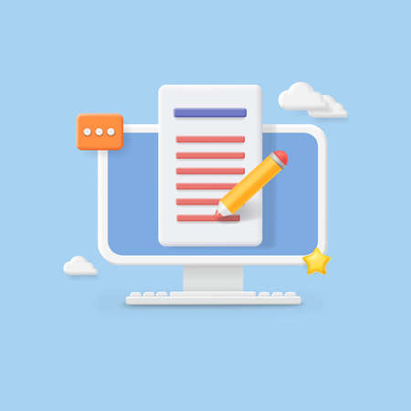 Writing text content. Monitor computer with text file editing concept. Screen, document, pencil, copywriting 3d iconのイラスト素材