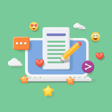 Blogging concept. Creative writing, storytelling, copywriting. Laptop and text document 3d vector illustrationのイラスト素材