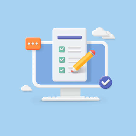 Computer and checklist, pc monitor with paper document and to do list with checkboxes, questionnaire report on screen vector 3d conceptのイラスト素材