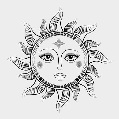 Vintage sun with face and opened eyes mystical style, boho design, tattoo, tarot. Antique symbol Line drawing Isolatedのイラスト素材