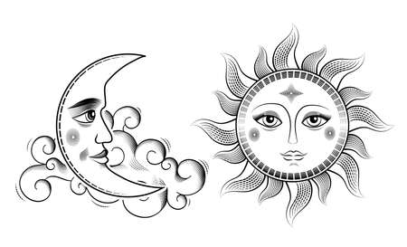 Sun and moon mystical elements in boho style, sun, cloud and crescent moon with face. Hand drawn engraving linear astrological vectorのイラスト素材