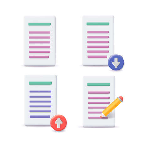 File Icons. Download Upload document icon. Paper sheet with penci 3d style. Vector illustrationのイラスト素材