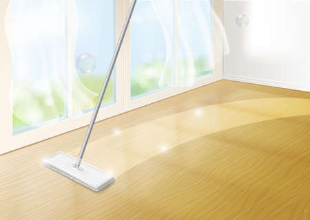Mop cleaning wooden floor. Home interior background witn window and realistic mop. effective disinfection concept 3d vectorのイラスト素材