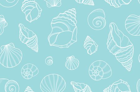 Sea shells blue and white seamless vector background, Ocean pattern, marine seashell print, underwater themeのイラスト素材