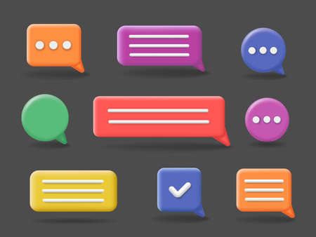 3d speach bubbles set. Chatting box, message icon, dialogue bubble. Speak sings on dark background Vector Illustrationsのイラスト素材