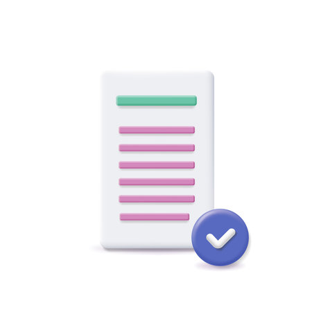 Icon of approved document. Check mark icon and paper document file 3d icon Paperwork conceptのイラスト素材