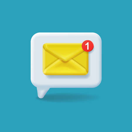 Email icon on white bubble. Newsletter yellow envelop, mail message reminder notification with red marker.のイラスト素材