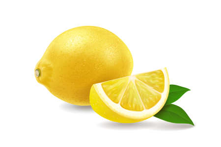 Realistic juicy lemon fruit with leaves vector isolatedのイラスト素材