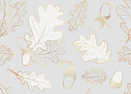 Drawn oak leaves and acorns. Golden lineのイラスト素材