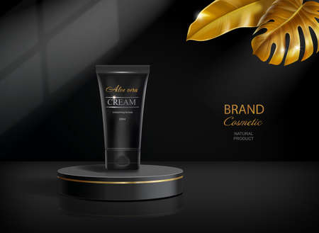 Cosmetics products on black podium in luxury black background with golden glitter leaves. Cream tube realistic presentation 3d Vector illustrationのイラスト素材