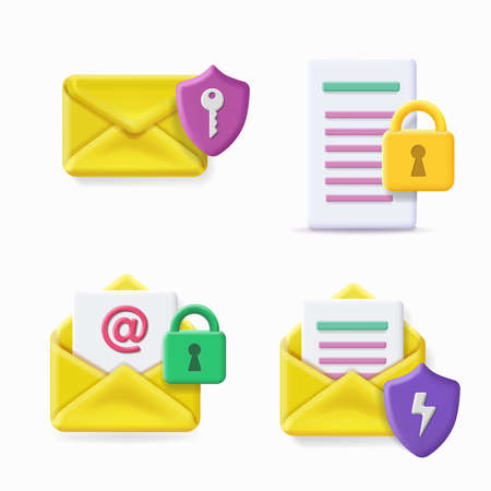 Secure mail icons set. Mailing envelope locked with padlock. Protection of email, data safety. Vector 3d.のイラスト素材