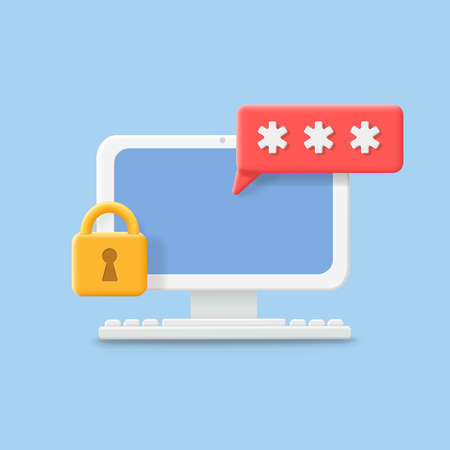 Computer security concept. Monitor with code and lock concept. Verification security authorization, Digital password. Vecot 3d iconのイラスト素材