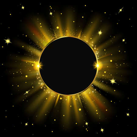 Golden sparkling ring with glitter isolated on black background. Circle frame with rays and stars...