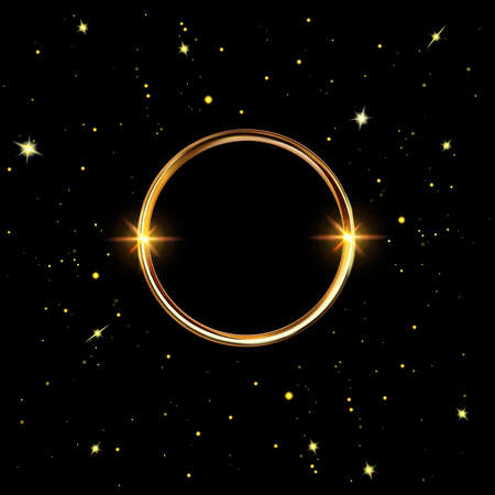 Vector golden round frame. Shining circle banner with stars on black background. Sparkling glittering border Vector illustrationのイラスト素材