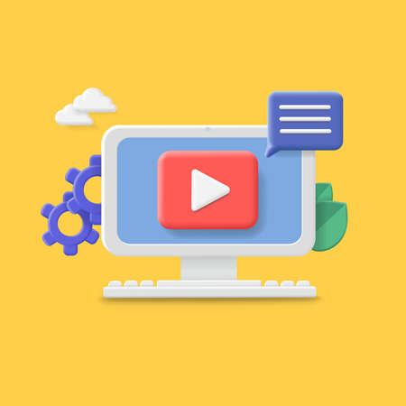 Web gallery development, site with video player, seo analysis. . Distance training, streaming, webinar concept. 3D Web Vector Illustrations.のイラスト素材