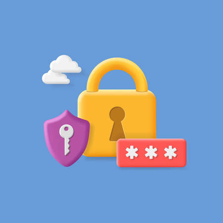 Shield, padlock and password icons. 3d style. pin code, ciber security, protection concept vectorのイラスト素材